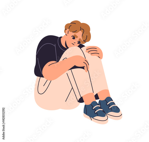 Depressed teenager suffers, sits, hugs his knees alone. Unhappy boy with mental problems in sorrow. Lonely anxious, sad person in melancholy. Flat isolated vector illustration on white background