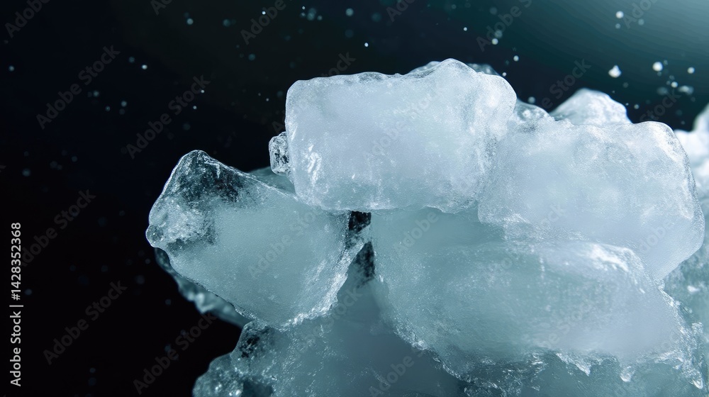 Close-up of ice cubes, water droplets and splashes
