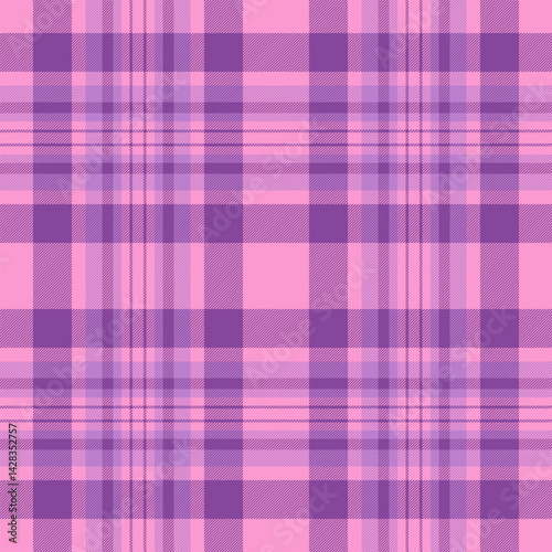 Dreamy check background pattern, kilt texture vector plaid. Cell seamless tartan fabric textile in purple and pink colors.