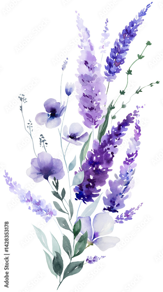 Bouquet made of watercolor lavender flowers. Purple wildflowers wedding isolated illustration