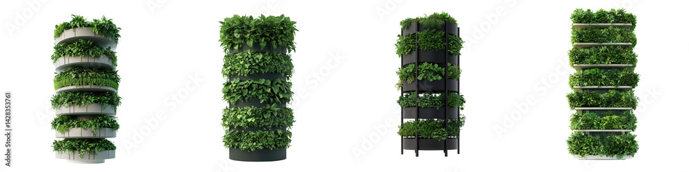 Naklejka premium Vertical garden displays with lush greenery on modular shelves