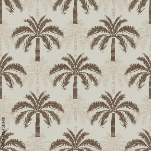 Seamless palm tree pattern featuring tropical botanical elements. This design is perfect for summer.