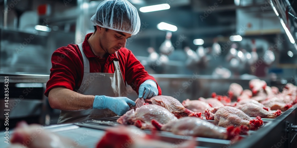 Butcher preparing chicken for freezing in food processing plant Butcher preparing chicken for freezing in food processing plant
