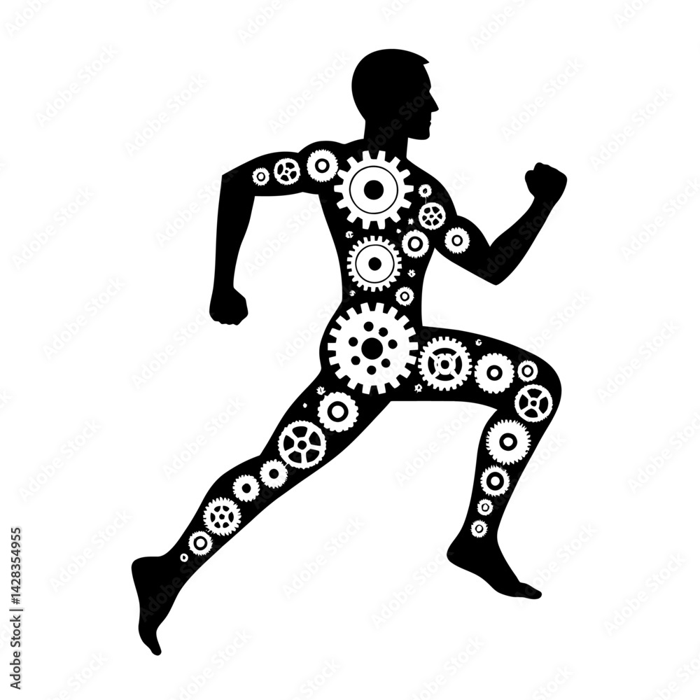 Naklejka premium Silhouette of a running man with gears inside his legs, symbol of human machine hybrid, tech concept, vector icon, isolated 