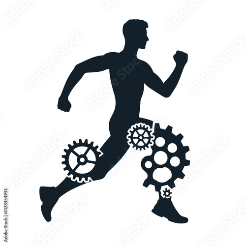 Silhouette of a running man with gears inside his legs, symbol of human machine hybrid, tech concept, vector icon, isolated