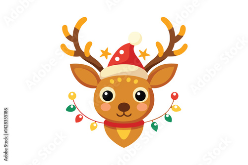 cute reindeer head isolated on white background. Funny Simple flat vector illustration Christmas reindeer in hat and garland with light bulbs.