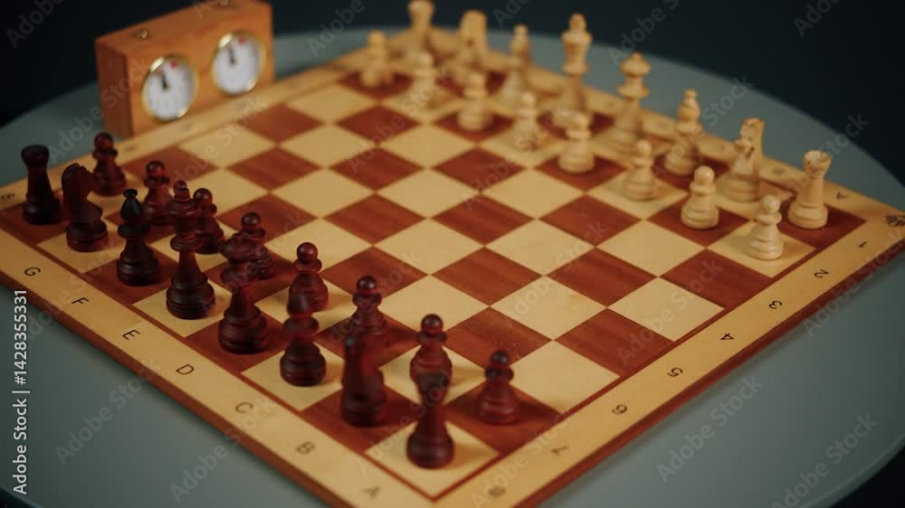 Chess match featuring classic wooden pieces and timers on a round table with a dark background