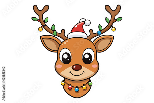 cute reindeer head isolated on white background. Funny Simple flat vector illustration Christmas reindeer in hat and garland with light bulbs.
