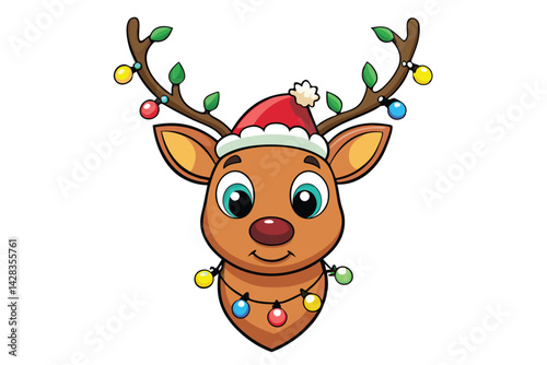 cute reindeer head isolated on white background. Funny Simple flat vector illustration Christmas reindeer in hat and garland with light bulbs.