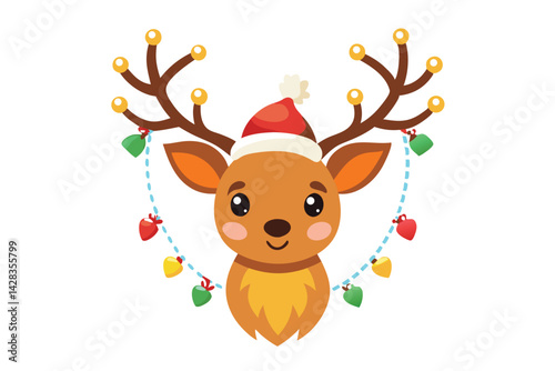 cute reindeer head isolated on white background. Funny Simple flat vector illustration Christmas reindeer in hat and garland with light bulbs.