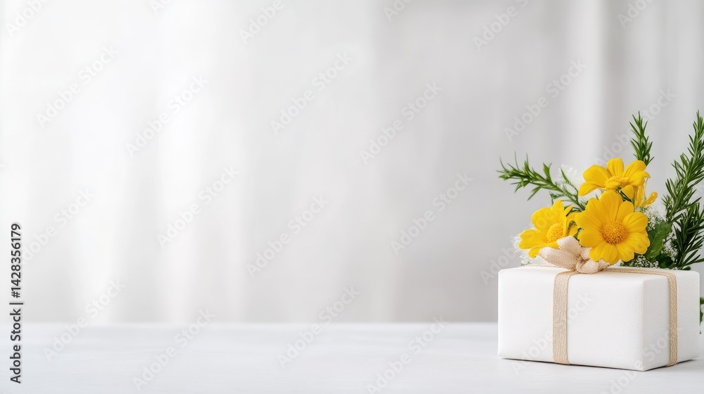Gift Box with Yellow Flowers Minimalist Style Bright Soft Lighting Horizontal Close-up Shot Elegant Ribbon Detail Spring Celebration Soft White Background Ideal for Greeting Cards