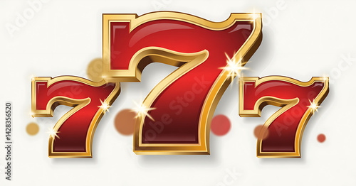 Three glossy red and gold lucky number sevens sparkle against a bright background suggesting fortune and excitement.