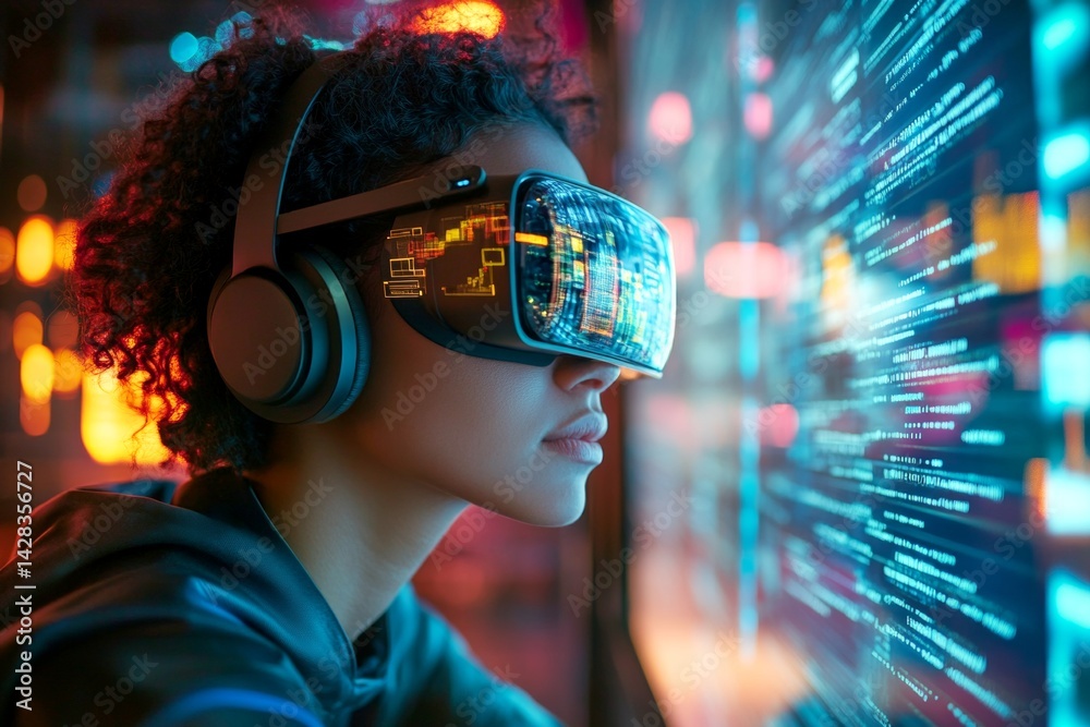Data visualization reflections in her glasses. Tech geek coding. Background is a dark room with hosts. It professional in glasses. Visual idea of female computer expert, computer technologies. Data visualization reflections in her glasses. Tech geek coding. Background is a dark room with hosts. It professional in glasses. Visual idea of female computer expert, computer technologies.