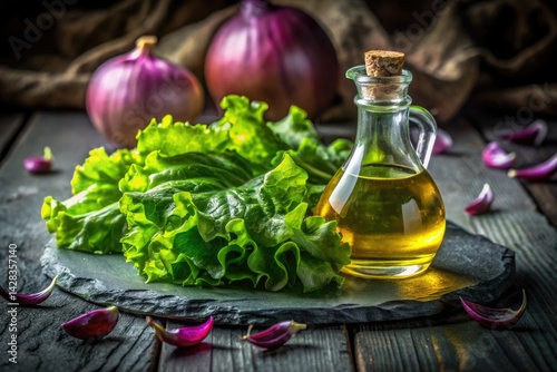 Rustic Stone Table Food Photography: Cold-Pressed Olive Oil & Lettuce Salad photo