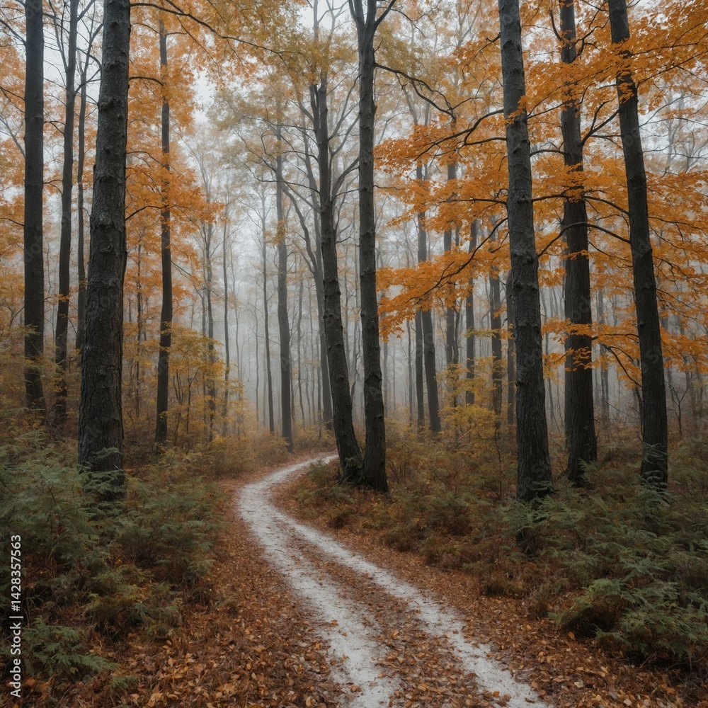 Fototapeta premium A peaceful forest trail in autumn on a white background
