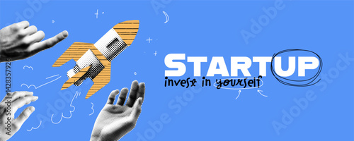 A rocket launching from a hand. Symbol of startup growth, success, and innovation in a modern collage style