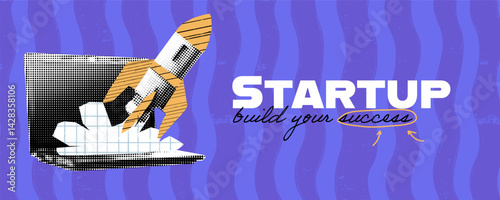 Laptop and rocket collage. Represents digital startup launch, business growth, and AI-driven innovation