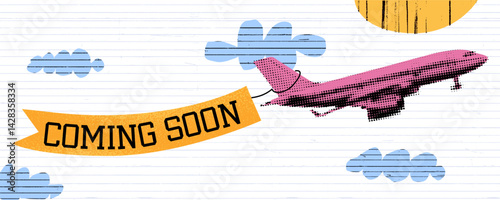 Retro biplane banner in sky. Creative collage for travel, vintage ads, or "coming soon" announcements.