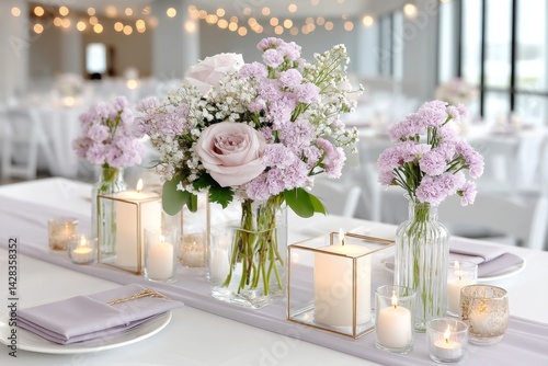 A beautifully arranged table centerpiece with wildflowers and candles