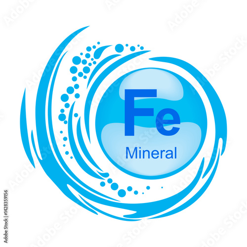 Mineral Fe Ferum. Mineral Blue Pill Icon. Meds for heath ads. Vitamin Capsule Pill Icon. Substance For Beauty, Cosmetic, Heath Promo Ads Design. 3D Mineral Complex With Chemical Formula Vector