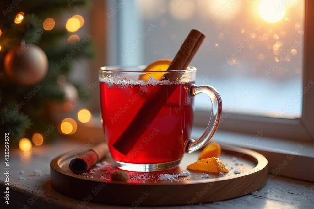 cozy hot spiced cranberry punch in a glass mug, with a cinnamon stick and orange zest, set on a wooden tray by a winter window cozy hot spiced cranberry punch in a glass mug, with a cinnamon stick and orange zest, set on a wooden tray by a winter window