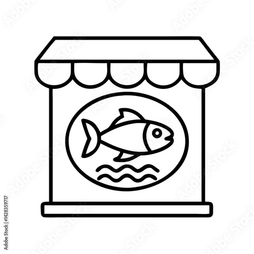 Outline seafood store icon with fish under canopy