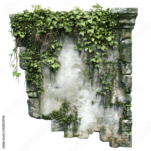 jungle vines growing over ancient stone wall isolated on transparent background
