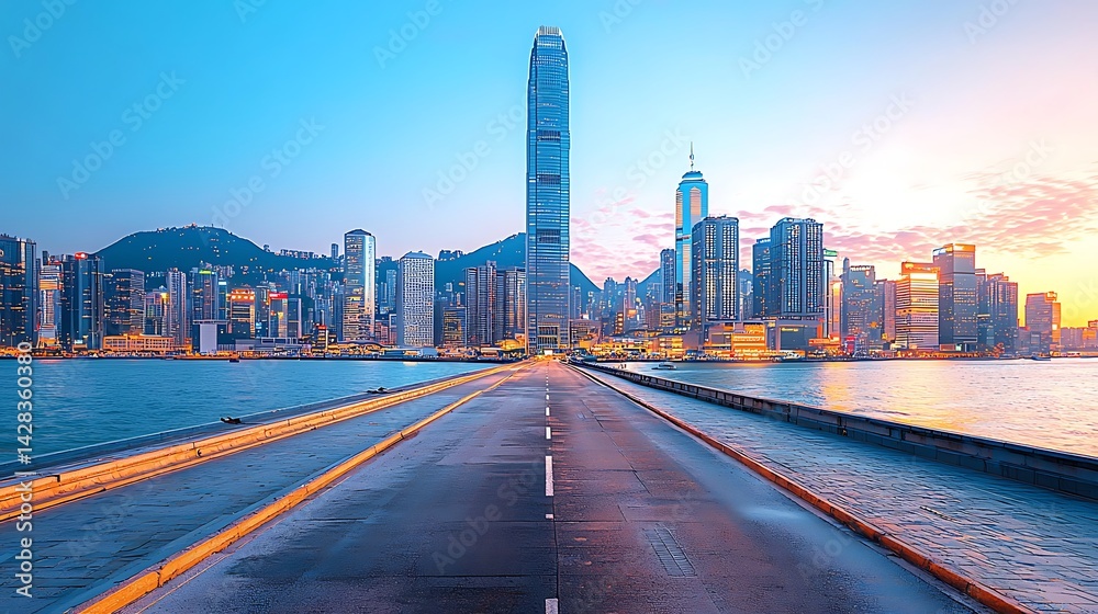 Fototapeta premium Empty Road Leading to City Skyline at Sunrise