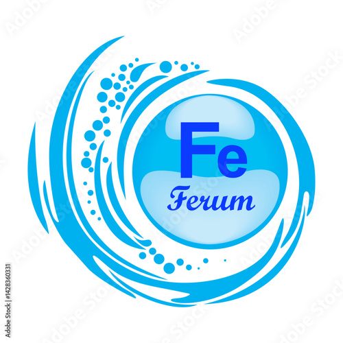 Mineral Ferrum. Fe iron formula symbol. Vitamin ferrum complex nutrition substance. Vector illustration.