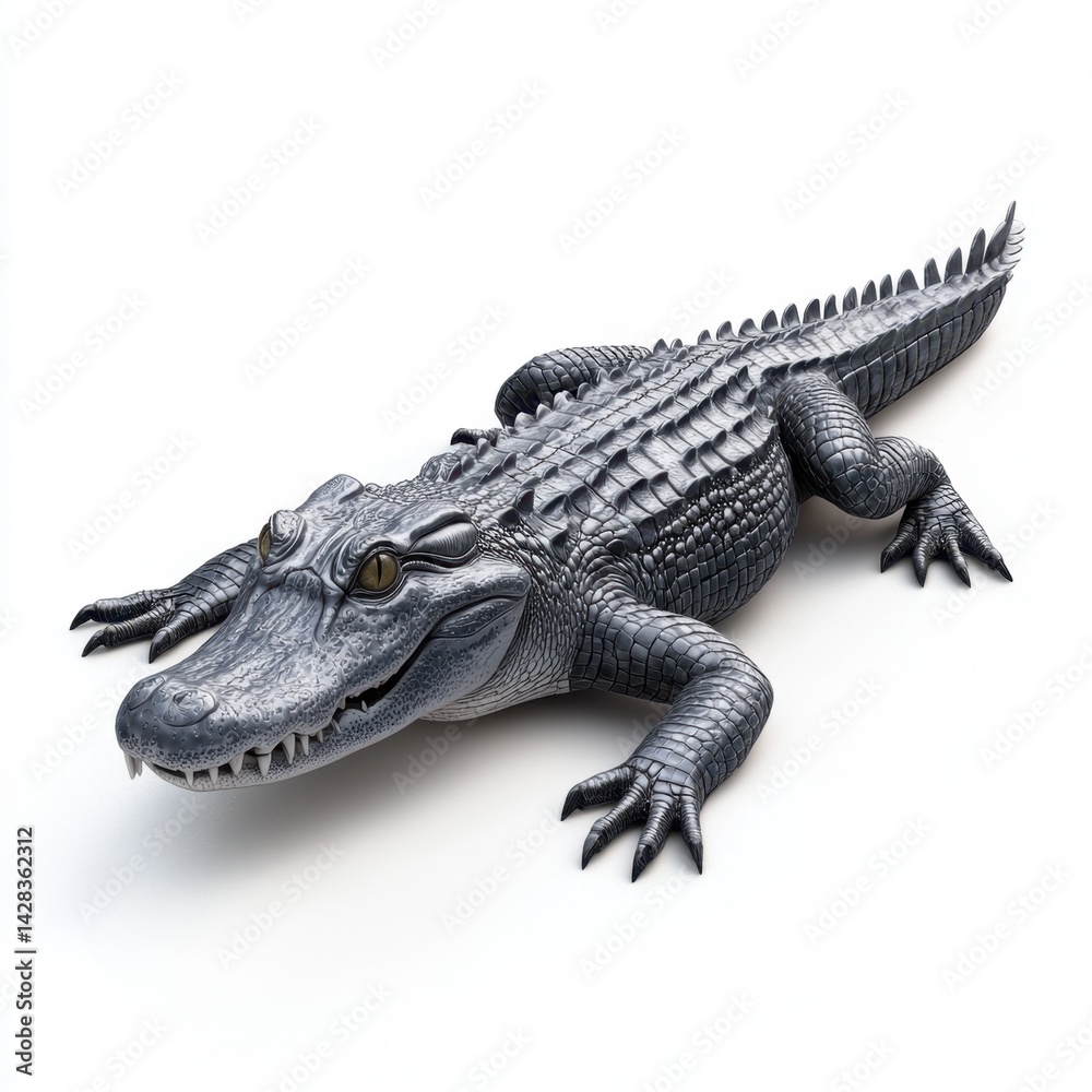 Naklejka premium Realistic depiction of a crocodile model showcasing intricate details on skin texture and lifelike features in a pristine environment