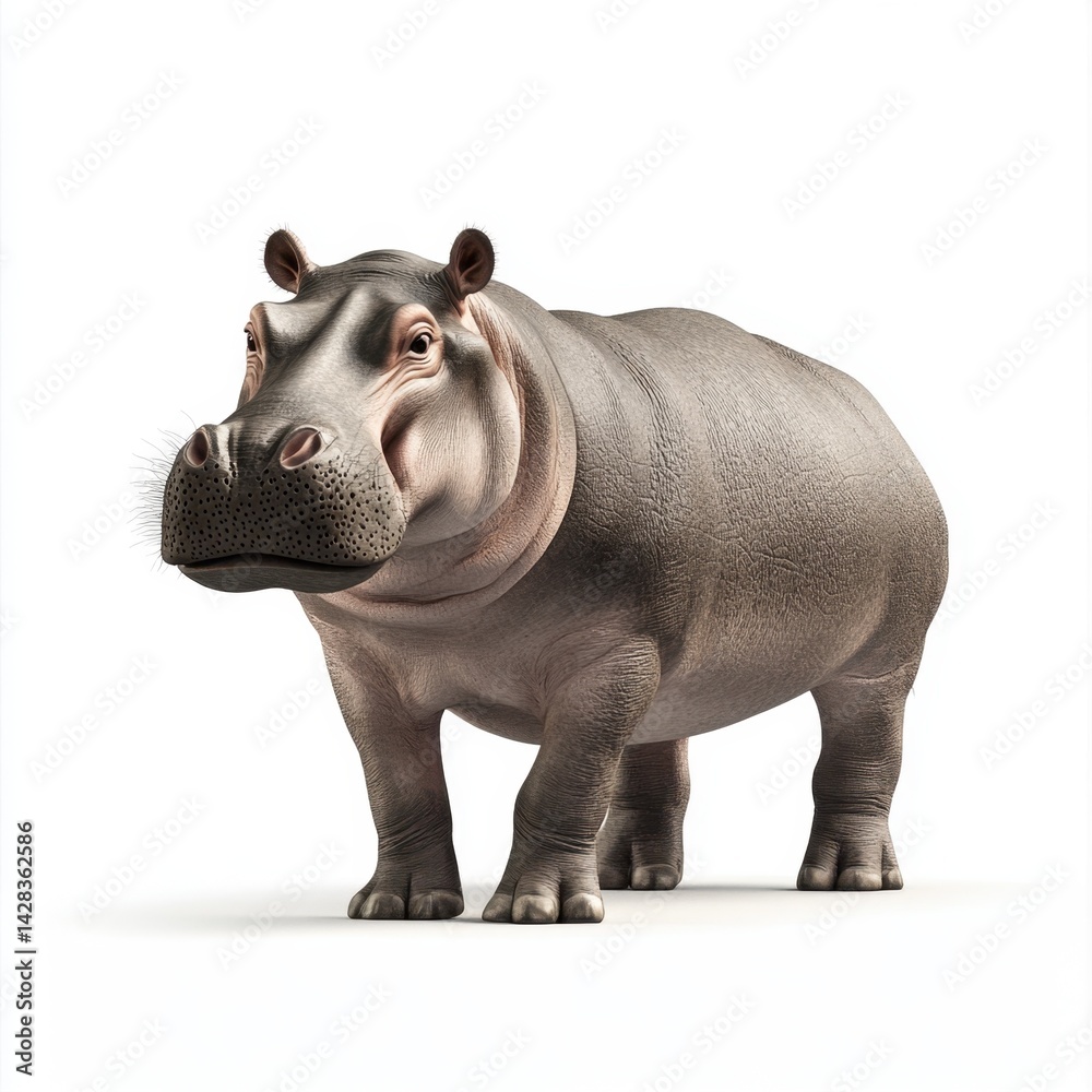 Realistic 3D Rendering of a Hippopotamus Standing on White Background with Attention to Detail in Textures and Features for Animal Illustration Purposes Realistic 3D Rendering of a Hippopotamus Standing on White Background with Attention to Detail in Textures and Features for Animal Illustration Purposes