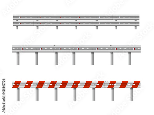 Metallic road barrier fence. 3d roadblock for safety on highway. Metallic road barrier fence. Vector