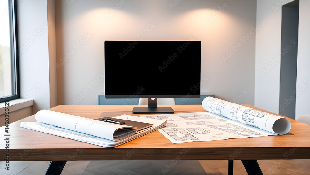 Modern Coworking Space Sleek Desk with Monitor and Blueprints Modern Coworking Space Sleek Desk with Monitor and Blueprints