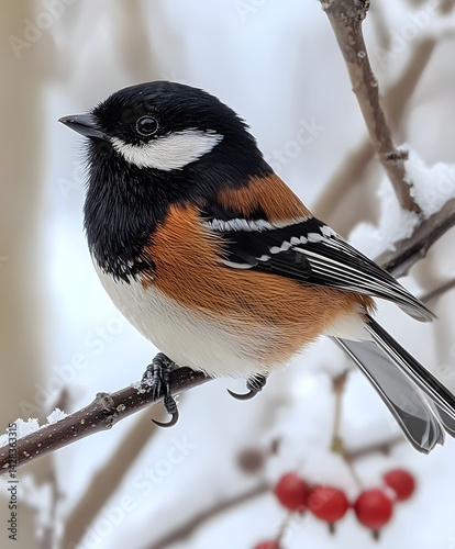 A beautiful bird with black and white feathers and orange breast sitting on the branch of an apple tree in winter photo