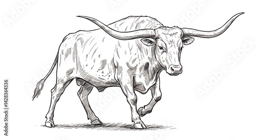 Detailed black and white illustration of a majestic longhorn