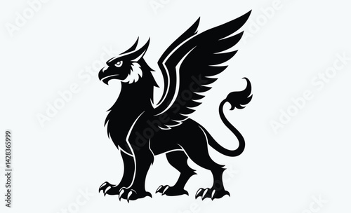 Griffin silhouette, mythological animal, winged beast, Griffin Silhouette on White Background 
