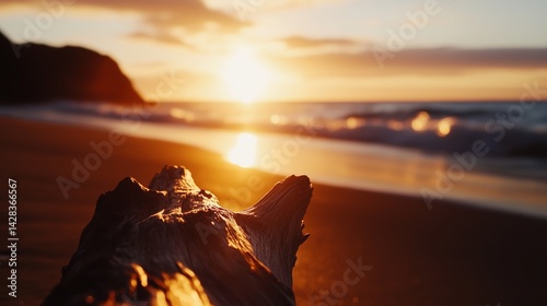 Weathered driftwood on sandy beach