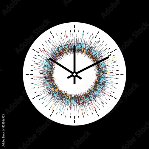 Colorful clock design with dynamic radial lines, modern illustration in black and white