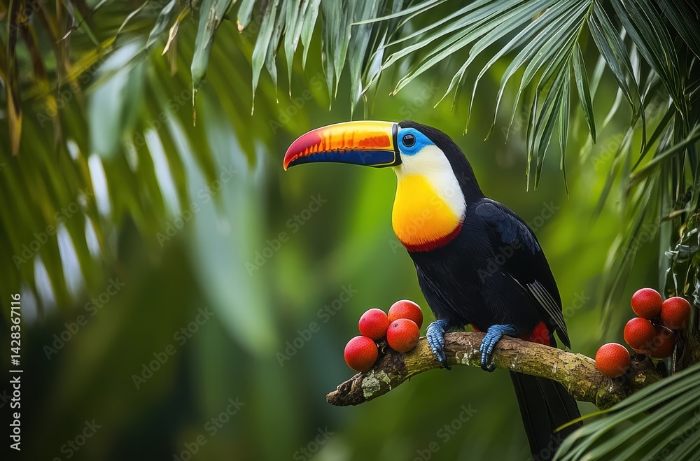 Obraz premium Vibrant Toucan Perched on a Branch Surrounded by Lush Greenery and Tropical Fruits in a Natural Habitat of Rainforest Paradise