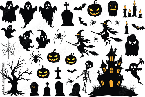Halloween silhouette vector graphics set with ghosts bats pumpkins witch and haunted house clip art design
