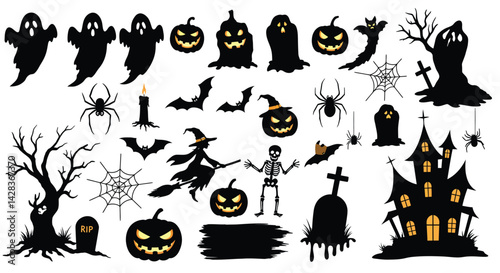 Halloween silhouette vector graphics set with ghosts bats pumpkins witch and haunted house clip art design
