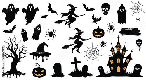 Halloween silhouette vector graphics set with ghosts bats pumpkins witch and haunted house clip art design
