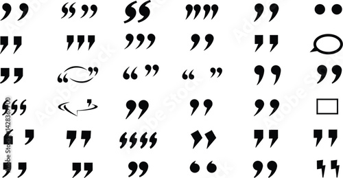 Vector quotation marks set design, speech punctuation symbol, quote sign, typography graphic element
