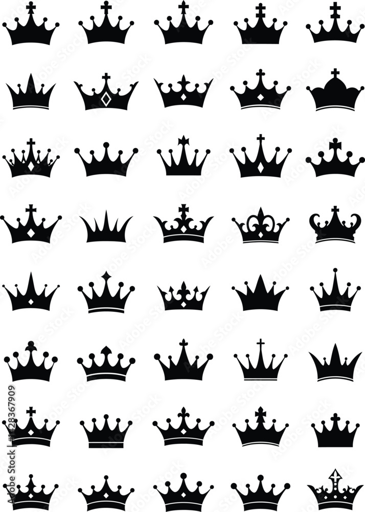 Naklejka premium Crown vector set, royal king queen crowns silhouette, luxury tiara, majestic emblem, coronation symbol 