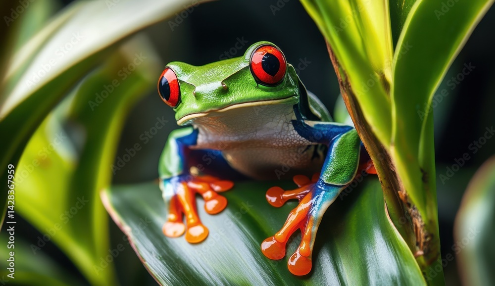 Vibrant Red-Eyed Tree Frog Perched on Leaves in a Lush Green Environment Captured in Close-Up Photographic Detail Vibrant Red-Eyed Tree Frog Perched on Leaves in a Lush Green Environment Captured in Close-Up Photographic Detail