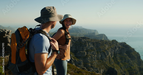 Fotografia Happy couple, hiking or mountain view with blue sky for adventure, travel or sightseeing vacation