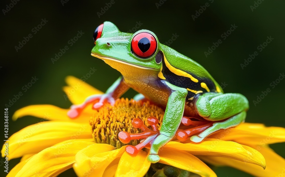 Obraz premium Vibrant Red-Eyed Tree Frog Perched on Bright Yellow Flower with Detailed Petals and Lush Green Background in Nature's Beautiful Setting