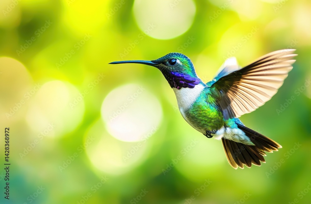 Fototapeta premium Vibrant Hummingbird in Flight with Blurred Green Background, Showcasing Delicate Wings and Colorful Plumage, Capturing Nature’s Beauty and Grace
