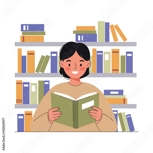 Happy Girl Reading Book A Vector Illustration of a Reader in a Library