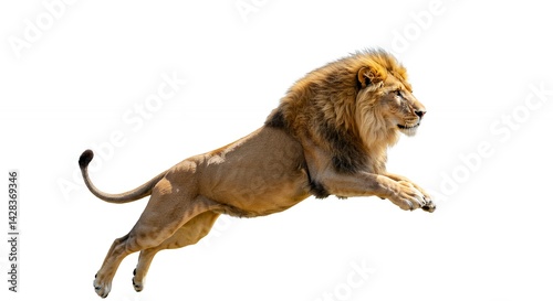 Majestic lion leap against white background